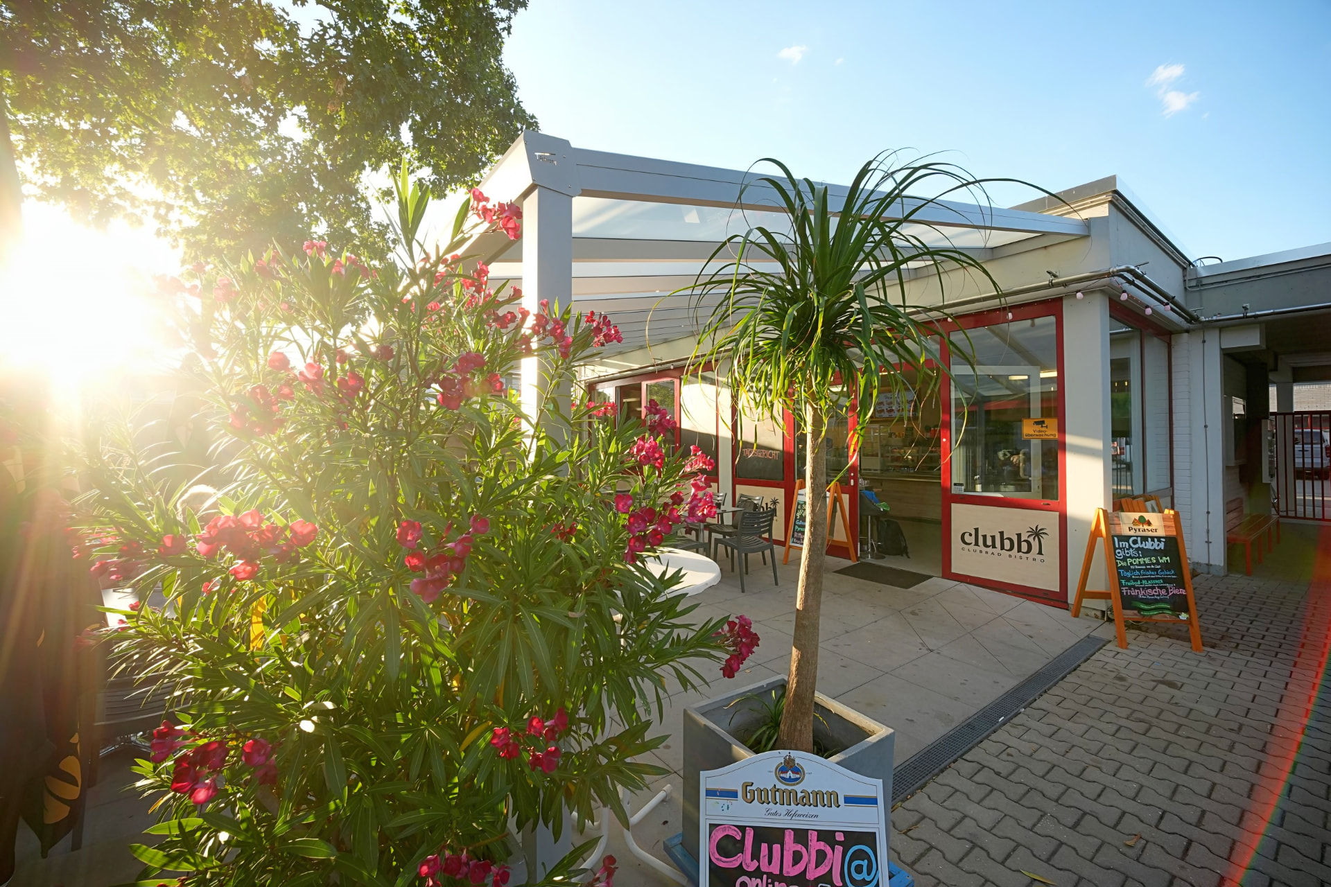 Clubbi Eingangsbereich mit Palme, Oleander und Terrasse im Abendsonnenschein
